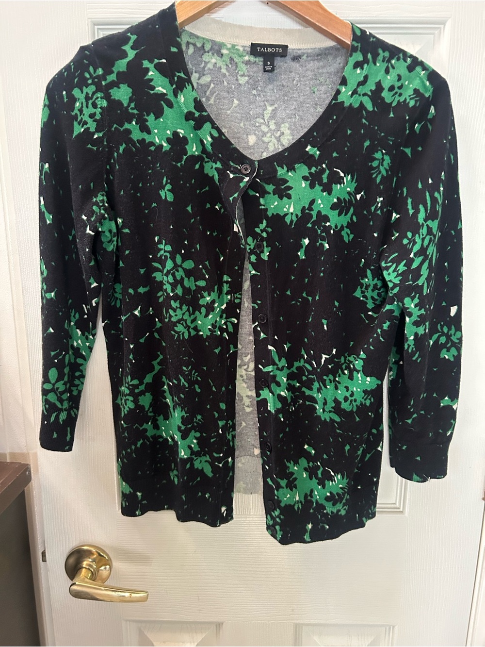 Talbots Black and Green Floral-Print Cardigan button down size small.